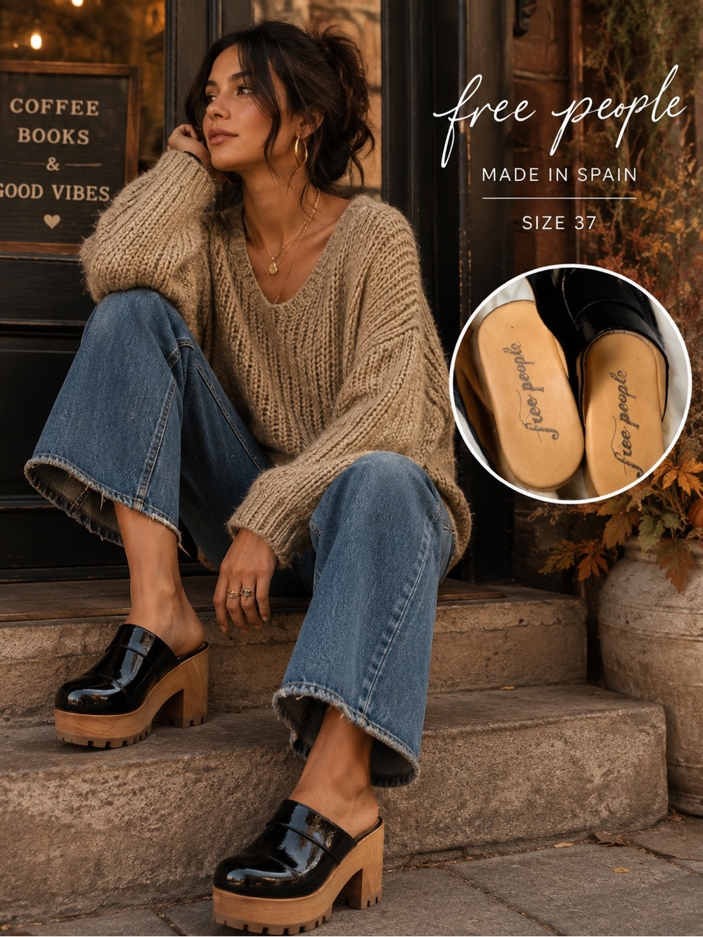Free People Black Patent Leather Platform Clogs with Lug Sole